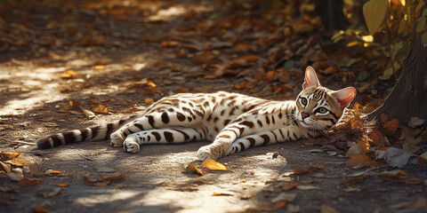 Obraz premium Relaxed Bengal cat lounging on a sunlit pathway, surrounded by autumn leaves and warm natural tones