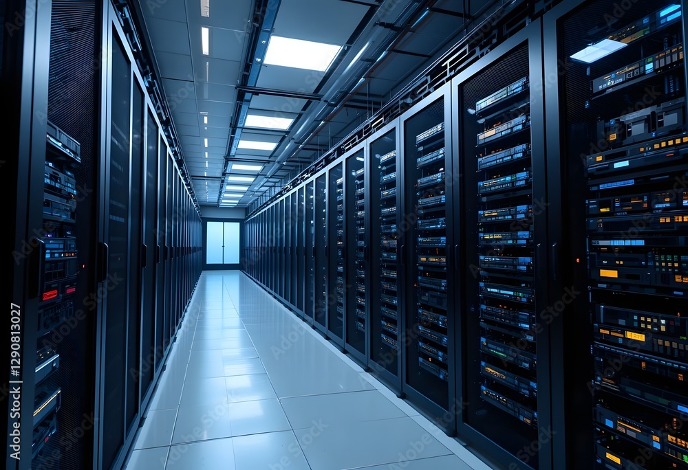 Poster inside view of a data center with hundreds of servers operating efficiently. concept of cloud infras