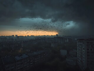 A dark cityscape features birds and overcast skies with an orange sky