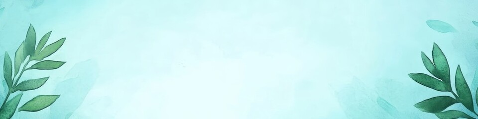 Gentle Cyan Watercolor Background With Delicate Greenery, Abstract Texture, Airy, Serene