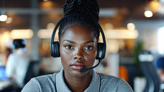 Professional woman with headset engaged in conversation in modern office environment