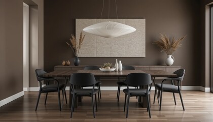 Fototapeta premium A contemporary dining room featuring a spacious wooden table surrounded by sleek black chairs. Soft lighting highlights the textured wall art and decorative accents for a warm feel