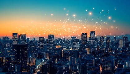 Fototapeta premium An illuminated city skyline with data network connections displayed