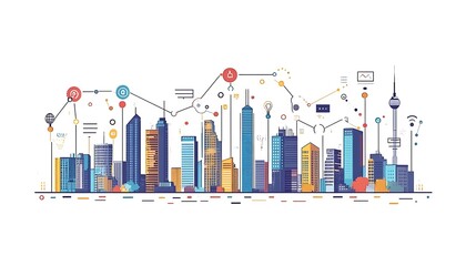 Illustration of modern city buildings connected by communication lines