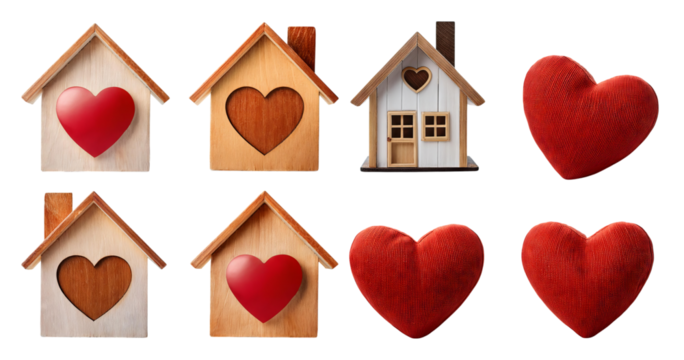 Charming Heart Shaped Decor with Wooden Houses and Red Hearts, isolated on transparent background - Powered by Adobe