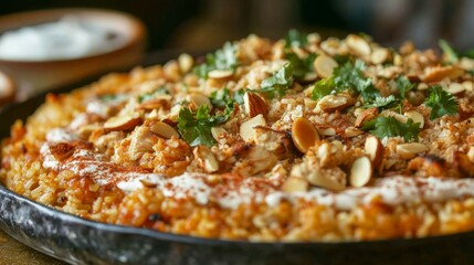 A Dish of Machboos, a Spiced Rice Dish from Bahrain, Topped with Tender Chicken and Almonds, Served on a Large Platter with a Side of Yogurt
