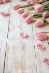 Pink tulips and petals beautifully arranged on a rustic wooden table
