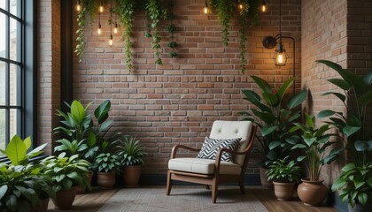 Obraz premium A charming corner features a stylish chair surrounded by lush plants and warm light. The brick wall adds character, perfect for unwinding with a book or enjoying a serene moment