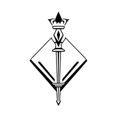 Black and White Graphic: Crowned Sword, Diamond Enclosed, Geometric Illustration
