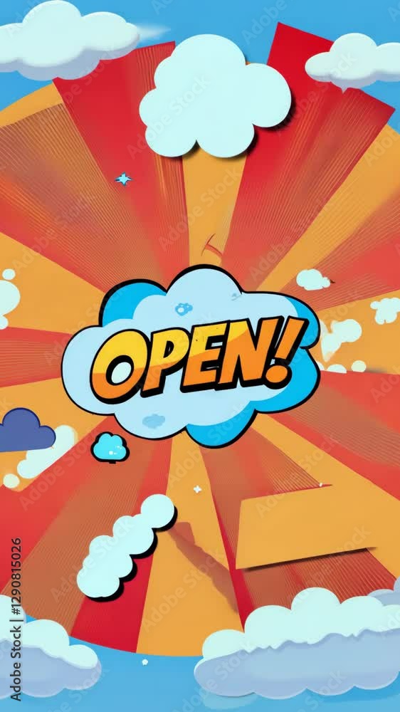Poster a colorful sign that says open! in big letters. the sign is surrounded by a lot of different colors 
