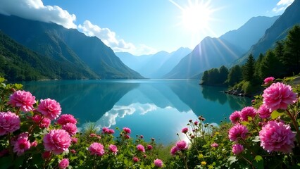 Mountain Lake at Sunrise, Pink Flowers by Water, Serene Nature Landscape