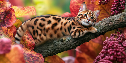 Obraz premium Relaxed Bengal cat lounging on a tree branch surrounded by colorful autumn leaves and berries