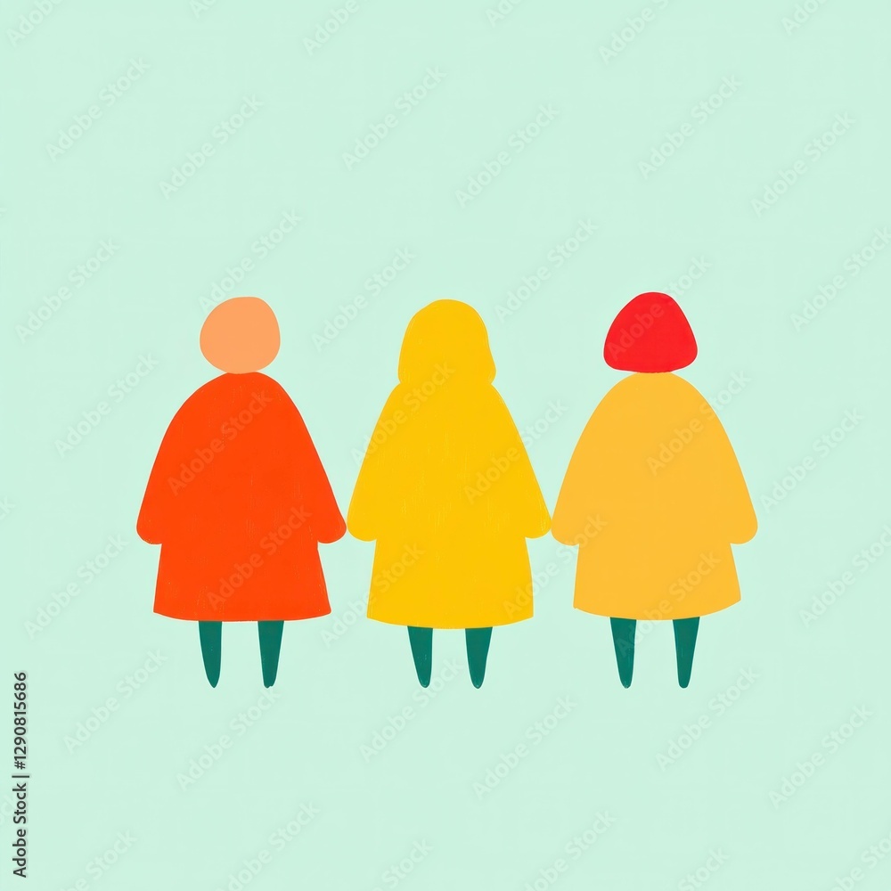 Poster abstract minimalistic illustration of three colorful figures representing diversity in a modern styl