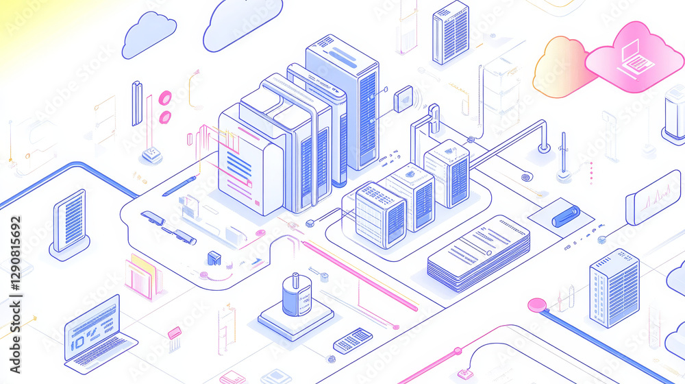 Poster thin lines connection icons outline set of big data center group cloud computing system internet pro