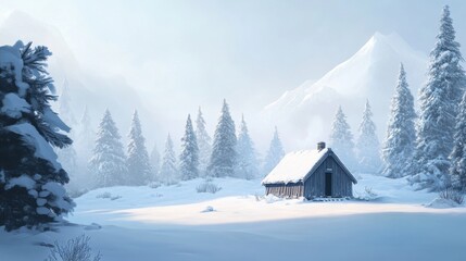 Fototapeta premium A small, rustic hut standing alone in a pristine snowfield, with snow-covered evergreens creating a magical backdrop.