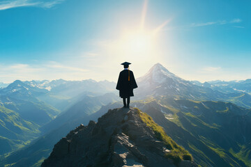 An inspiring silhouette of a graduate merging with an adventurer on a mountain ridge. The composition symbolizes the journey of education and exploration, highlighting ambition and potential.