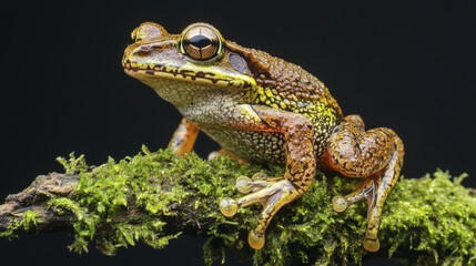 Obraz premium Vibrant rainforest frog perched on mossy branch, showcasing its colorful skin and unique features. This captivating amphibian is symbol of biodiversity and natural beauty