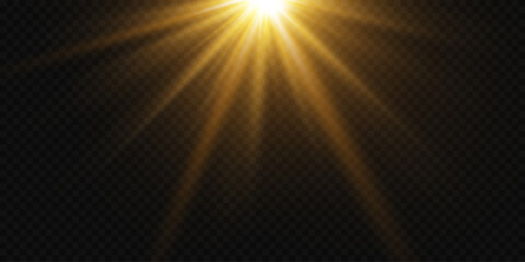 Golden flare and star flash, rays and lens effect.