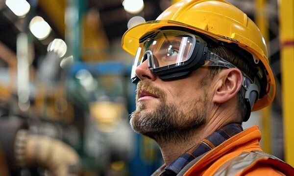 A worker in safety gear, focused and attentive in an industrial setting.