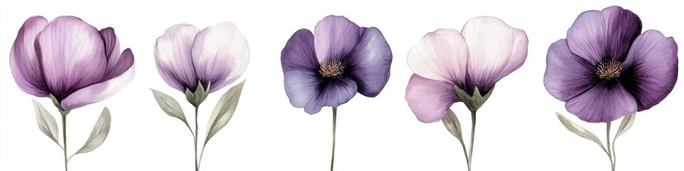 Naklejka premium Five Purple And Lavender Painterly Flowers, Delicate Floral Illustration On White Background