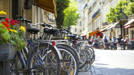 Fototapeta premium Parisian Street Bikes Sunny Day