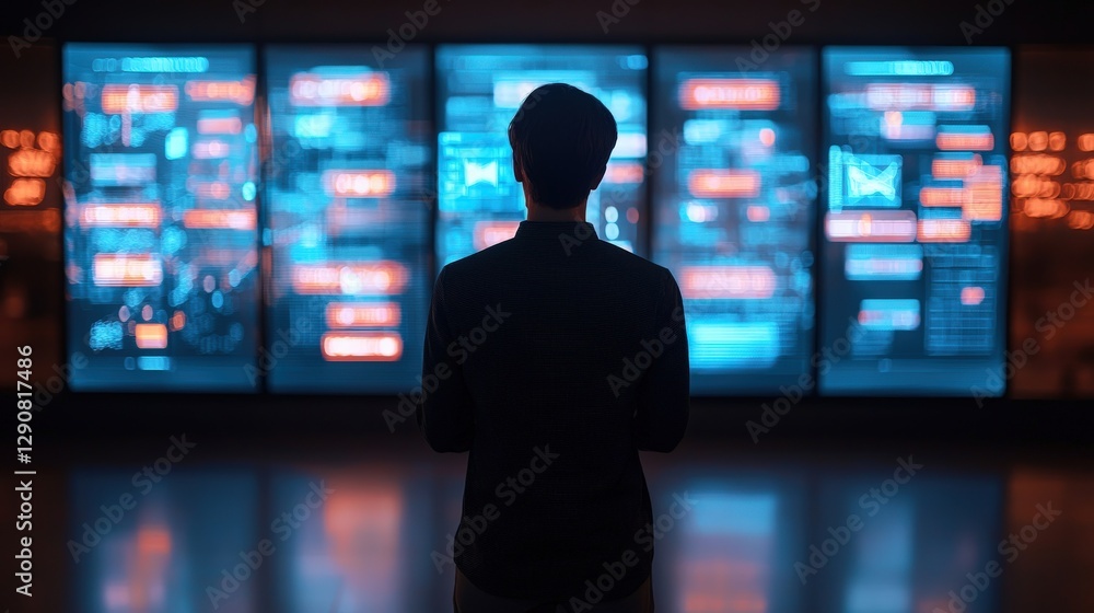 Poster future ready skills concept. person observing digital screens with glowing data displays.