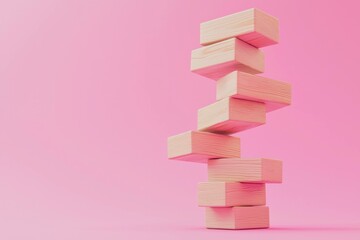 Stacked wooden blocks on a pink background depicting balance and strategy in playtime, ideal for educational and children s creativity concepts