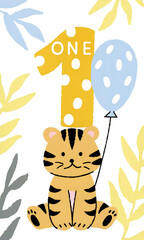 Cute Tiger with Balloon Celebrating First Birthday with Playful Leaves and Polka Dots