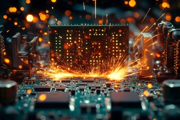 Obraz premium Sparkling Technological Brilliance Intricate Circuit Board with Glowing Microchips and Vibrant Electrical Sparks