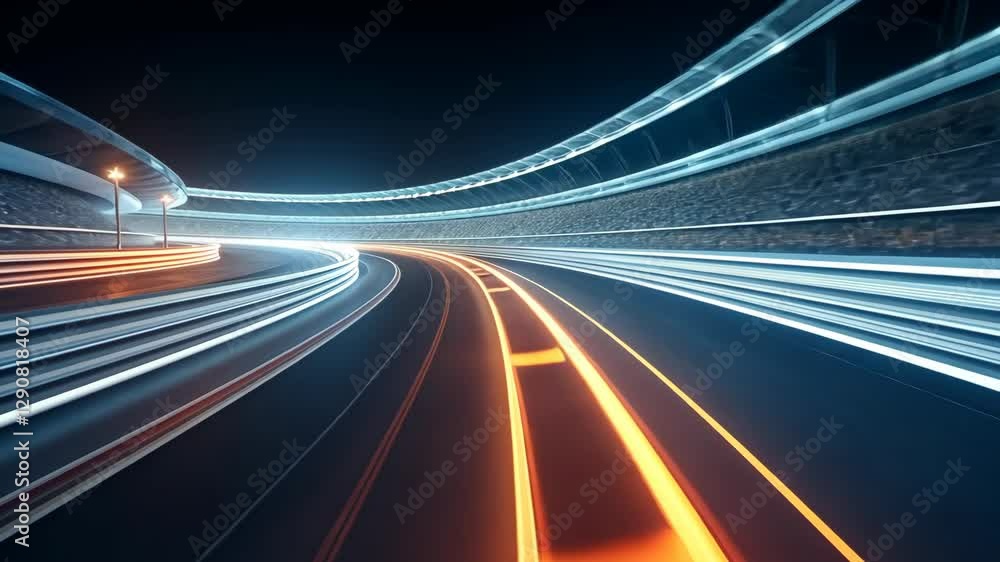 Poster dynamic night lights in motion on race track with curved path