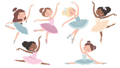 Collection of cute little ballerinas in different poses. Cute illustration in children's style. Vector illustration. © Jevgeniya Mukhitova