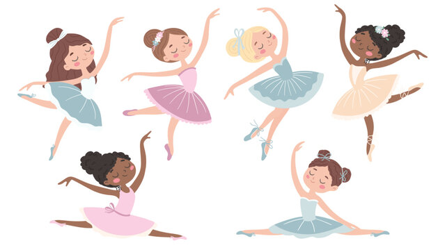 Collection of cute little ballerinas in different poses. Cute illustration in children's style. Vector illustration.