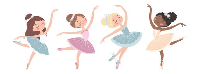 Collection of cute little ballerinas in different poses. Cute illustration in children's style. Vector illustration. © Jevgeniya Mukhitova