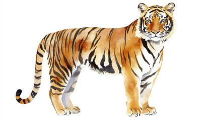 Obraz premium majestic watercolor tiger stands proudly, showcasing its vibrant orange and black stripes against clean white background. This artwork captures essence of strength and beauty