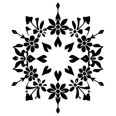 Black and White Floral Mandala: Decorative, symmetrical design with repeating floral pattern.