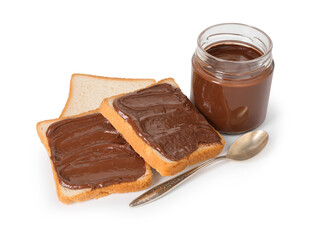 Tasty sandwiches with chocolate butter and spoon isolated on white