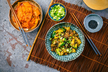 Stir fried vegetables with beef meat and kimchi