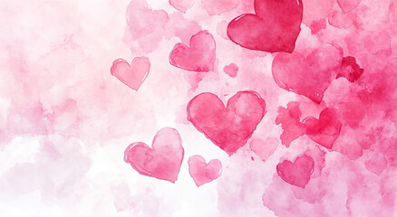 A soft watercolor background featuring floating hearts in various shades of pink.