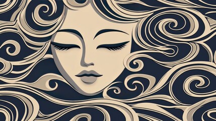 Serene Woman with Abstract Swirling Hair Elegant Art Deco Design