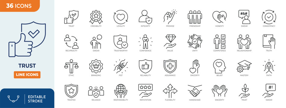 Trust icon set. Containing trustworthy, confidence, credibility, promise, friends, truth, faith, honesty, and more. Outline Icon Collection. Vector illustration. Editable stroke