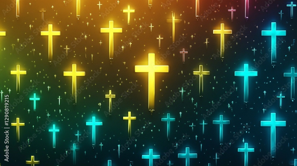 Poster a glowing neon cross pattern background in alternating yellow and blue