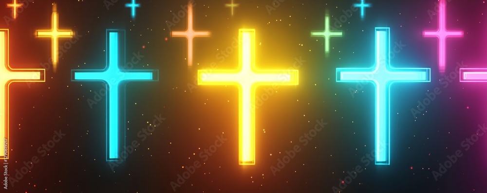 Poster a glowing neon cross pattern background in alternating yellow and blue