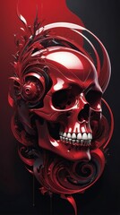 Glossy Red Skull, Mechanical Abstract Elements, Dark Surrealism