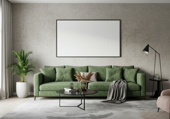 Modern living room with neutral decor and green velvet sofa