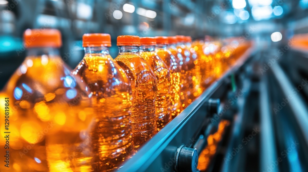 Poster high-speed bottling plant with beverage containers moving through an automated line