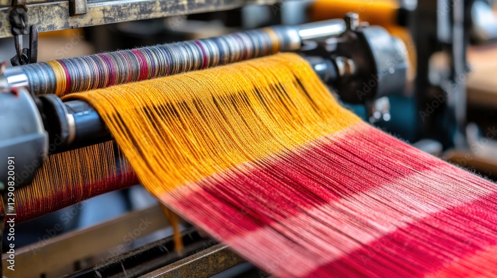 Poster high-tech automated textile machines knitting and weaving fabric at rapid speeds