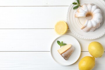 Delicious lemon cake with powdered sugar, mint and citrus fruits on white wooden table, flat lay. Space for text