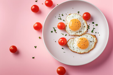 Two perfectly cooked sunny-side-up eggs are placed on a soft pink plate. Surrounding them are vibrant cherry tomatoes and fresh green herbs, creating a colorful and appetizing dish.