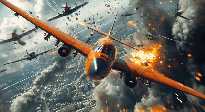 An orange tornado plane maneuvers skillfully amidst explosions and dark smoke, showcasing aerial agility in a turbulent atmosphere