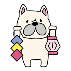 七夕飾りを持っているフレンチブルドッグ